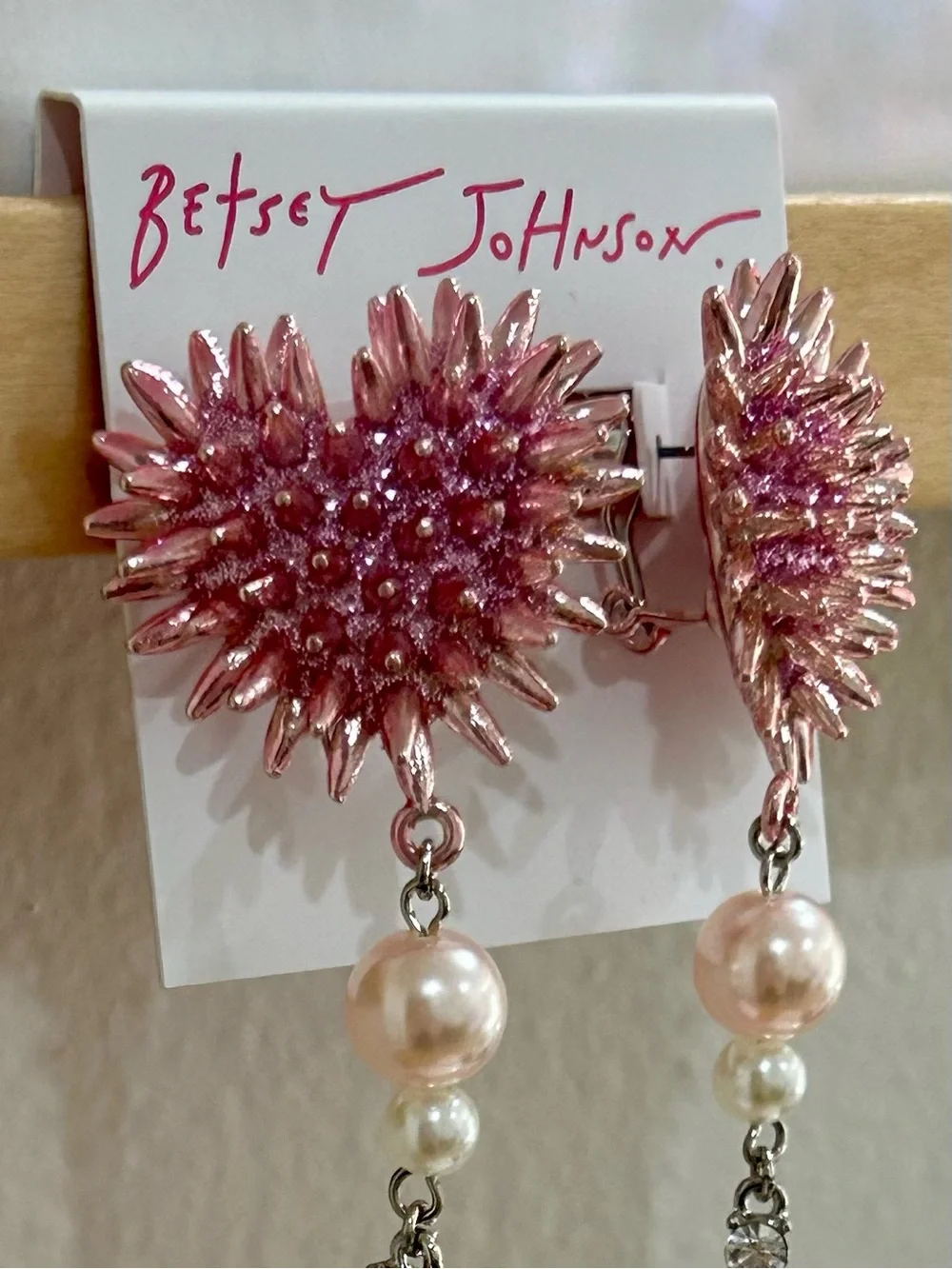 Betsey Johnson Spikey Heart Plush Teddy Bear Drop Earrings